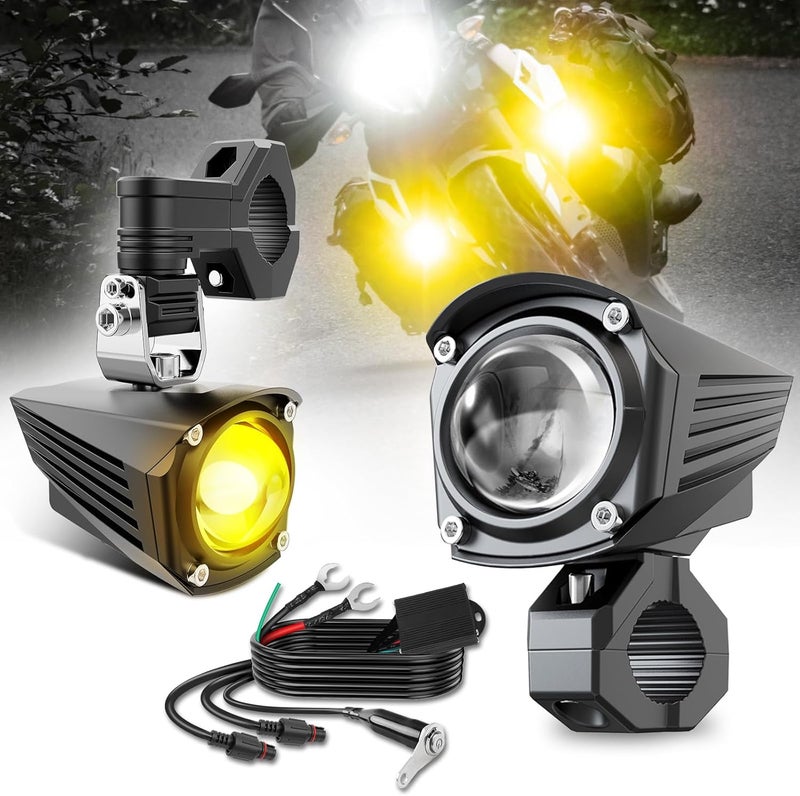 CO LIGHT Motorcycle LED Fog Lights Auxiliary Driving Light 60W 18000LM Dual Color Spotlights White Amber Strobe Flashing Lights with 5 Modes Wire Harness Kit, for Car Truck Boat ATV UTV, 2PCS - Image 1